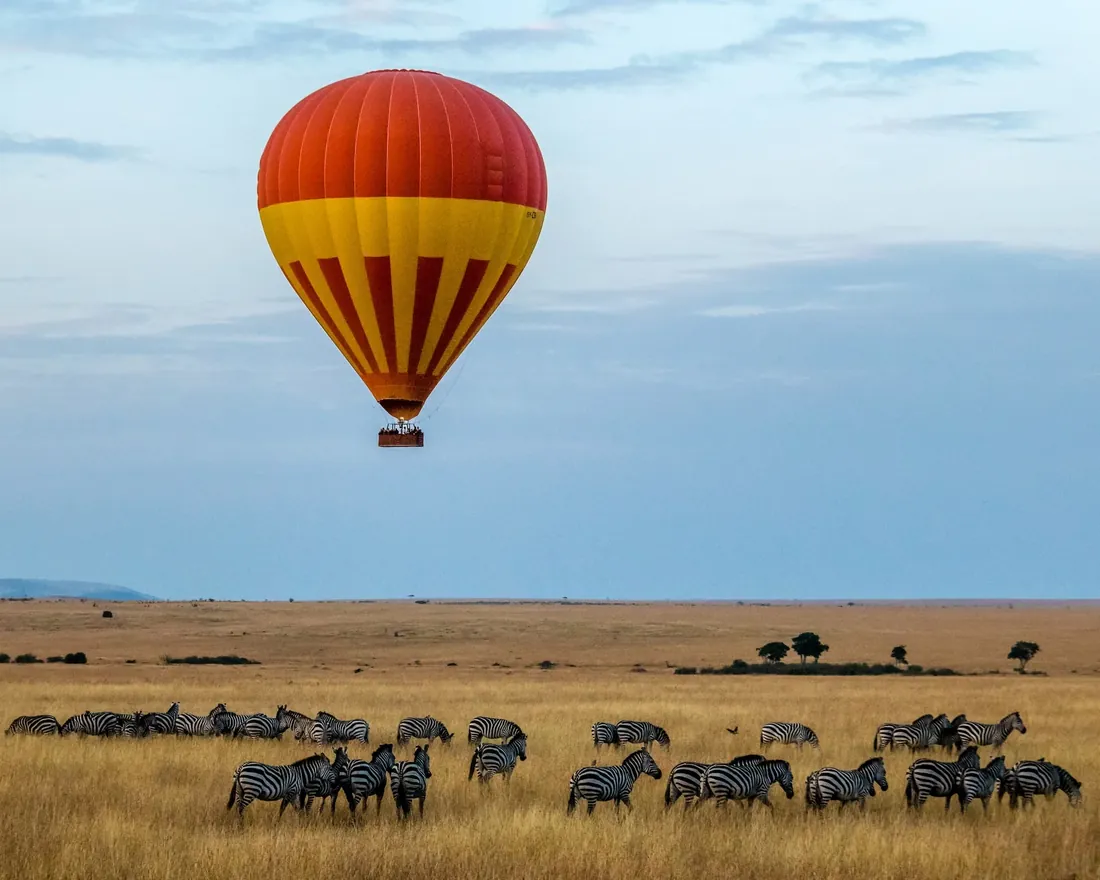 A hot air balloon drifting over a herd of zebra on open plains