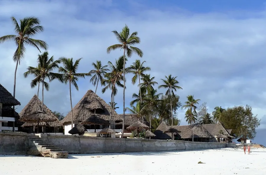 Thatched bandas and palm trees above a white-sand beach